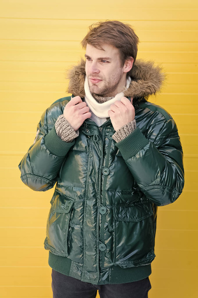 Man bearded hipster wear warm jacket with fur yellow background. Guy wear warm jacket with hood. Feel comfortable in warm clothing. Keep warm. Comfortable winter clothing. Winter stylish menswear - Photo, Image