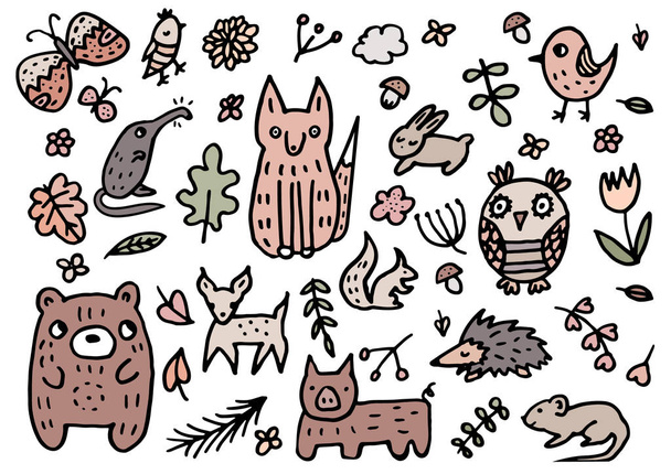 doodle cute forest animal: mariposa, pájaro, búho, desman, zorro, oso, ratón, rata, erizo, ciervo, corzo, jabalí, liebre, conejo
 - Vector, Imagen
