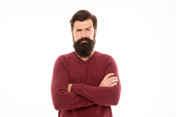 Man with long beard and mustache isolated white background. To grow awesome beard, simply put away your razor and trimmer and wait. Simply required to not shave. Beard hairs grow at different rates - Zdjęcie, obraz
