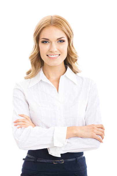 Young cheerful business woman, on white - Foto, imagen