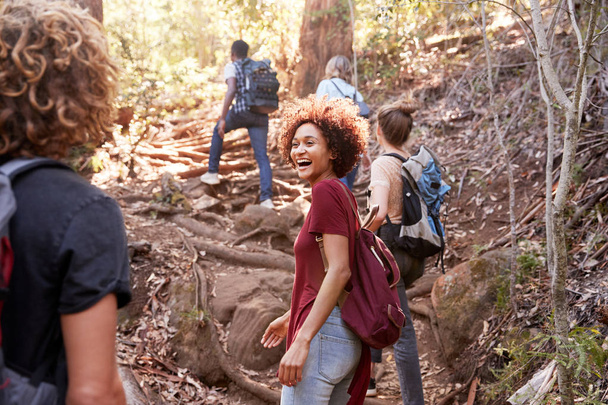 Group of millennial  friends hiking uphill on a forest trail, three quarter length - 写真・画像