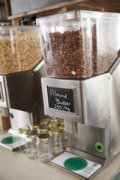 Dispensers For Almond Butter In Sustainable Plastic Free Grocery Store - Fotografie, Obrázek