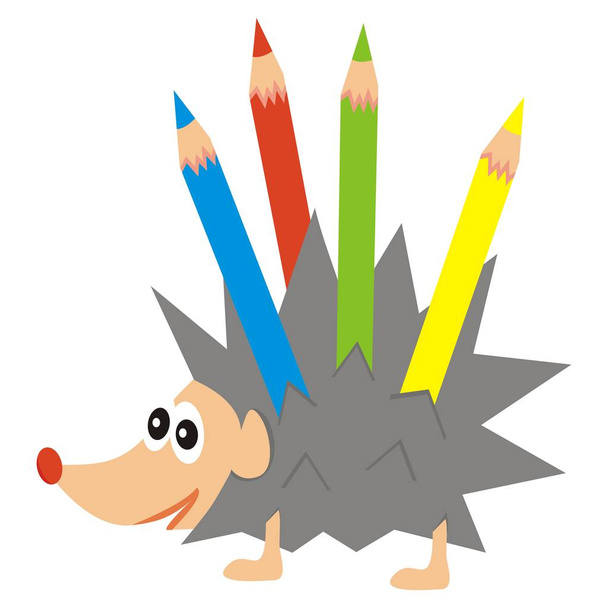 Hedgehog neljä väriä värikynät, värillinen hauska vektori kuva. Hymyilevä siili kuljettaa kyniä
. - Vektori, kuva