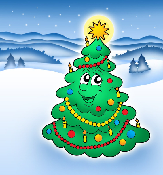 χαμογελώντας χριστουγεννιάτικο δέντρο στο χιονισμένο γης - Φωτογραφία, εικόνα