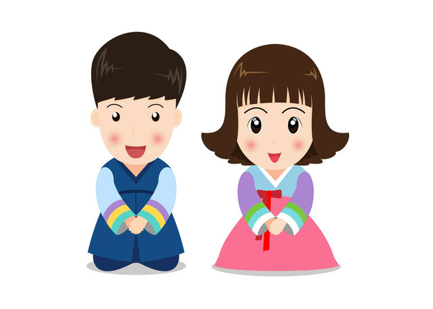 Linda pareja de dibujos animados niños en traje tradicional coreano sobre fondo blanco
 - Vector, Imagen
