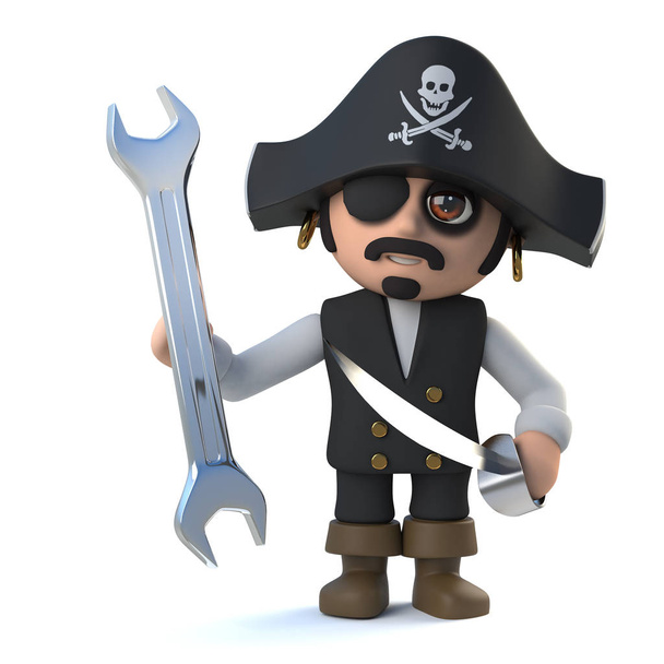 3d personaggio divertente capitano pirata in possesso di una chiave inglese
 - Foto, immagini