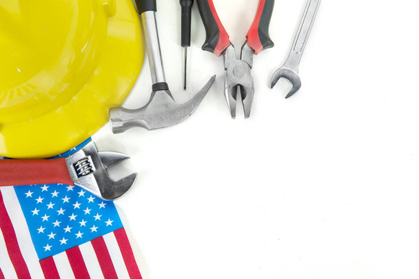Construction tools and American flag with copy space - 写真・画像