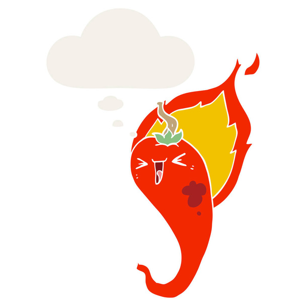cartoon flaming hot chili pepper and thought bubble in retro sty - Vetor, Imagem