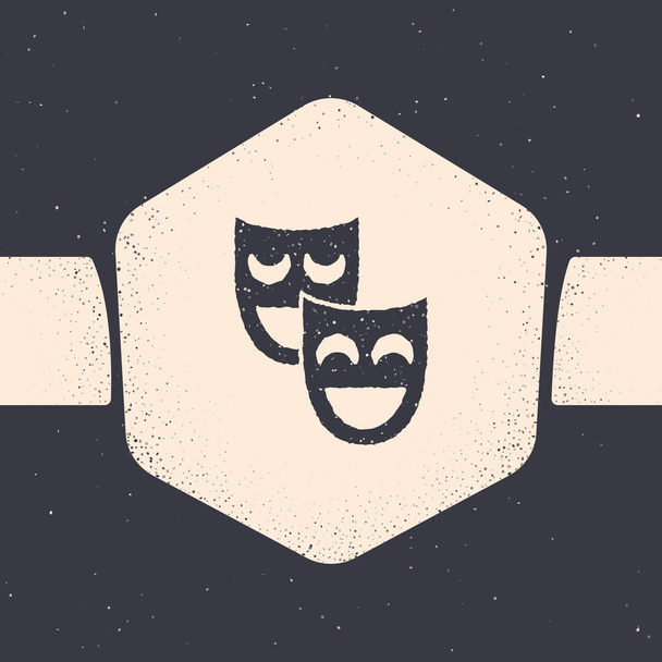 Grunge komedie divadelní masky-ikona izolovaná na šedém pozadí. Monochromatický výkres. Vektorová ilustrace - Vektor, obrázek