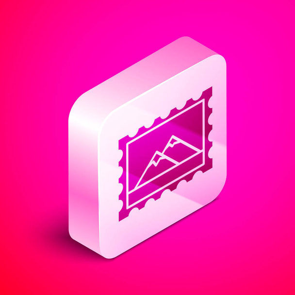 Isometric Postal stamp and Mountains icon isolated on pink background. Silver square button. Vector Illustration - Wektor, obraz