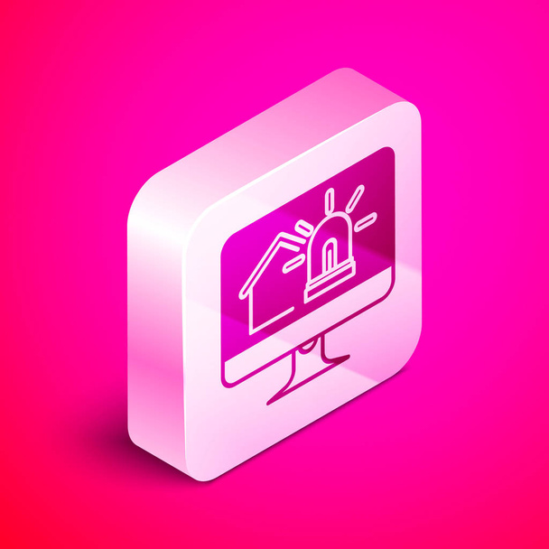 ピンクの背景に隔離されたスマートハウスとアラームアイコンを備えたアイソメコンピュータモニター。スマートホームのセキュリティシステム。シルバーの正方形のボタン。ベクトルイラストレーション - ベクター画像