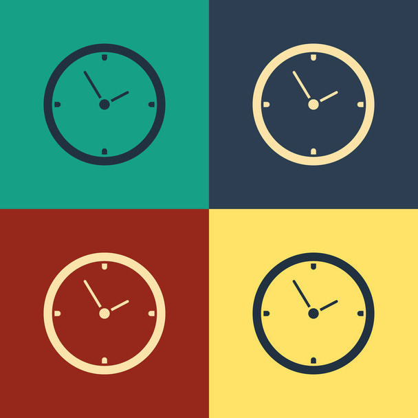 Farb-Uhr-Symbol isoliert auf farbigem Hintergrund. Zeitsymbol. Vintage-Stil Zeichnung. Vektorillustration - Vektor, Bild