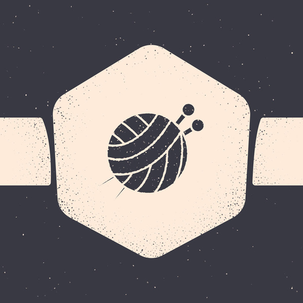Grunge İplik topu örgü iğneleri simgesi gri arka plan üzerinde izole ile. El yapımı, örgü veya terzi dükkanı için etiket. Tek renkli vintage çizim. Vektör İllüstrasyonu - Vektör, Görsel