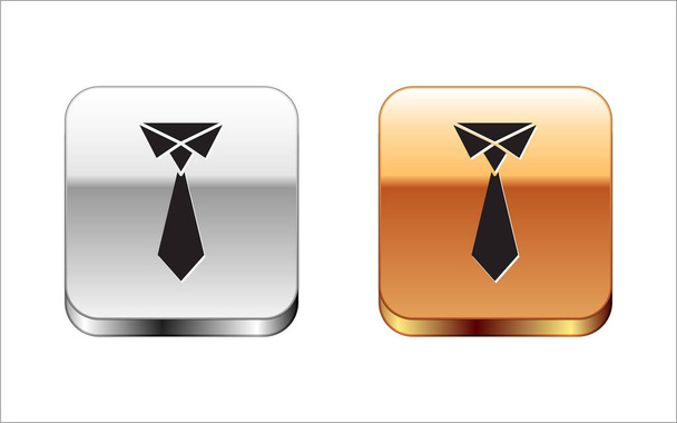 白い背景に分離された黒いネクタイのアイコン。ネクタイとネッククロスのシンボル。シルバーゴールドの正方形のボタン。ベクトルイラストレーション - ベクター画像