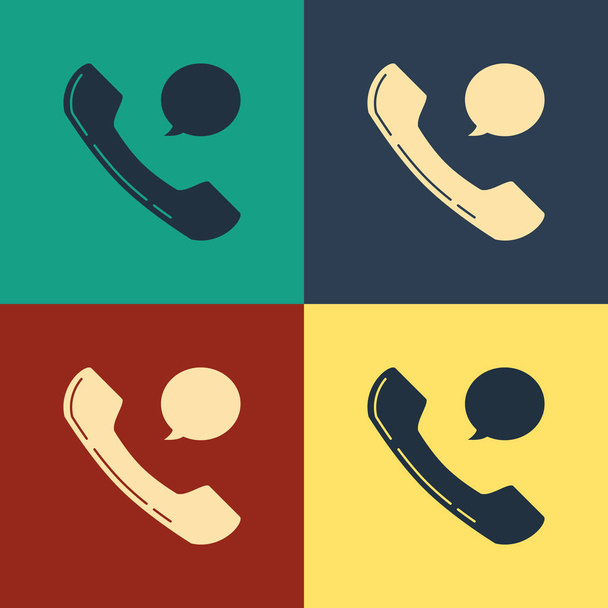 Kolorowa słuchawka telefoniczna i ikona czatu bąbelkowego na kolorowym tle. Znak telefoniczny. Styl Vintage rysunek. Ilustracja wektorowa - Wektor, obraz