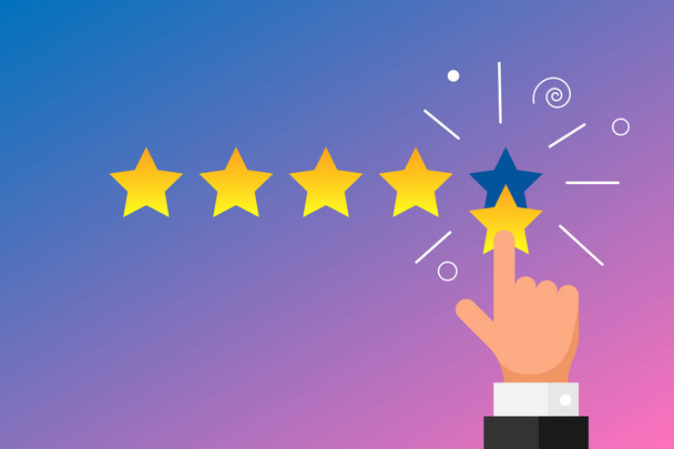 Online feedback reputation quality customer review concept flat style. Businessman hand finger pointing five gold star rating on gradient background. Vector illustration - Vector, Image