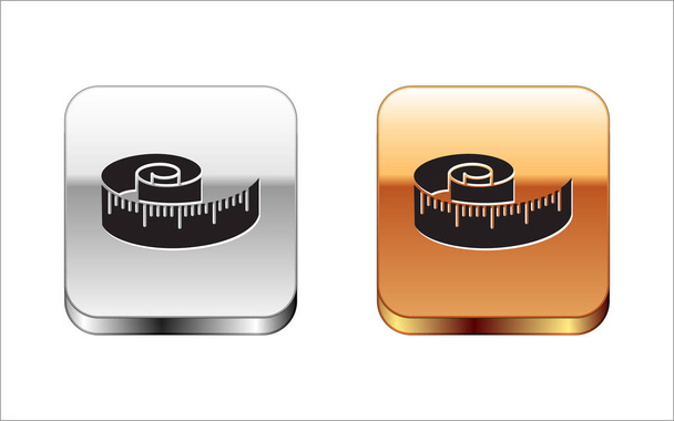 Black Tape measure icon isolated on white background. Measuring tape. Silver-gold square button. Vector Illustration - Vector, Image