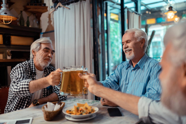 Retired grey-haired men eating snacks and drinking beer - Foto, Imagen