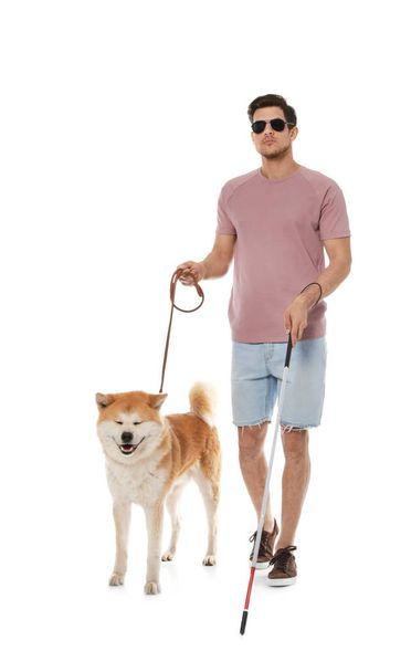 Blind man with walking stick and dog on leash against white background - Photo, image