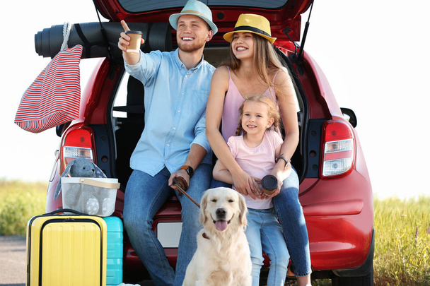 Young family with luggage and dog near car trunk outdoors - Foto, afbeelding