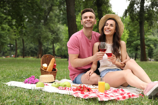 Happy young couple having picnic in park on summer day - Foto, Imagem