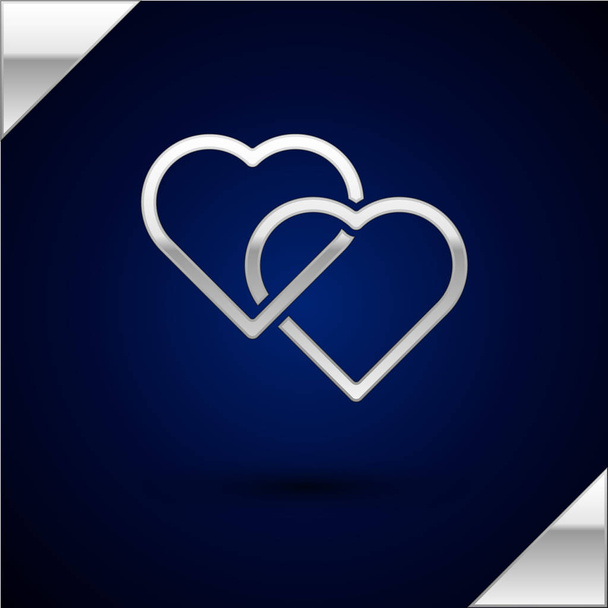Silver két csatolt Hearts ikon izolált sötétkék háttérben. Romantikus szimbólum kapcsolódik, csatlakozzon, szenvedély és esküvő. Valentin-nap szimbóluma. Vektoros illusztráció - Vektor, kép