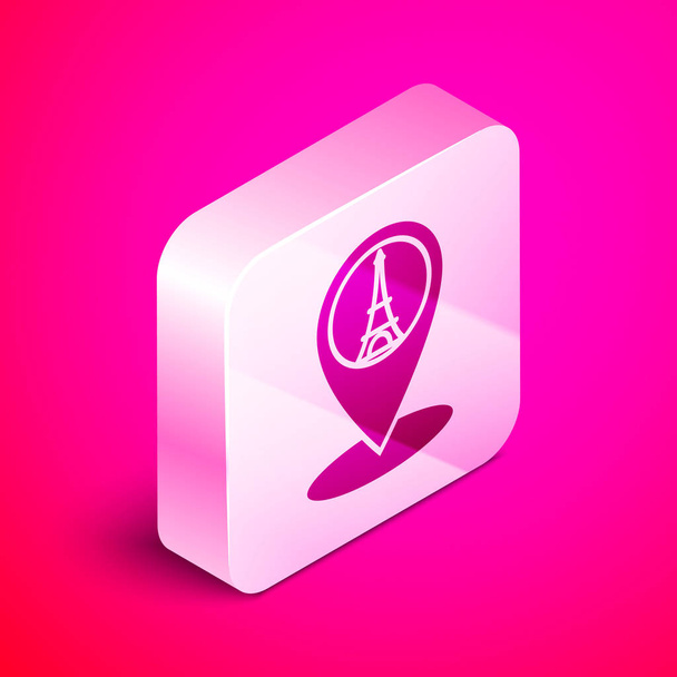 Isometric Map pointer with Eiffel tower icon isolated on pink background. France Paris landmark symbol. Silver square button. Vector Illustration - Vector, Image