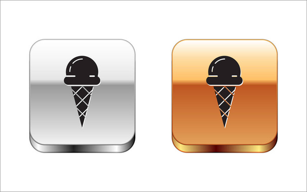 Black Ice cream in waffle cone icon isolated on white background. Sweet symbol. Silver-gold square button. Vector Illustration - Vector, afbeelding
