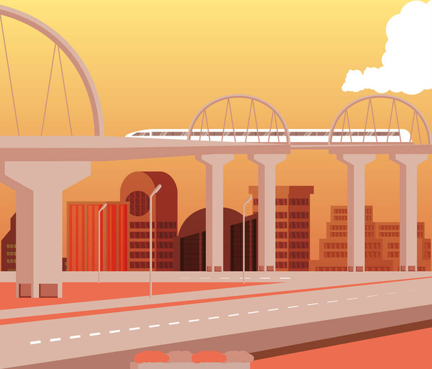 Stadtbild baut Tagesszene mit Brücke und Straßen - Vektor, Bild