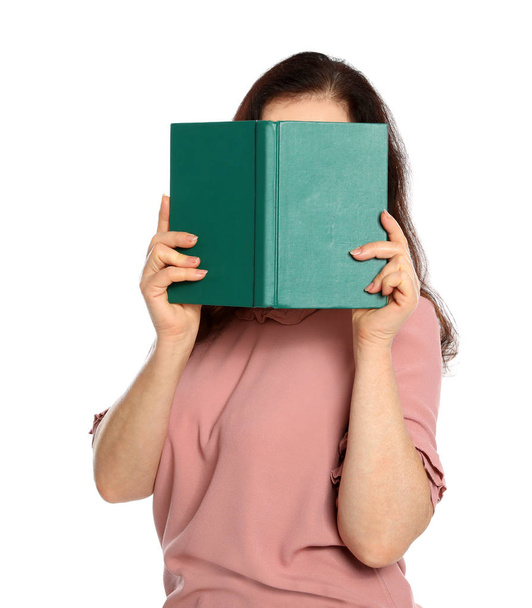 Mature woman reading book on white background - Foto, afbeelding
