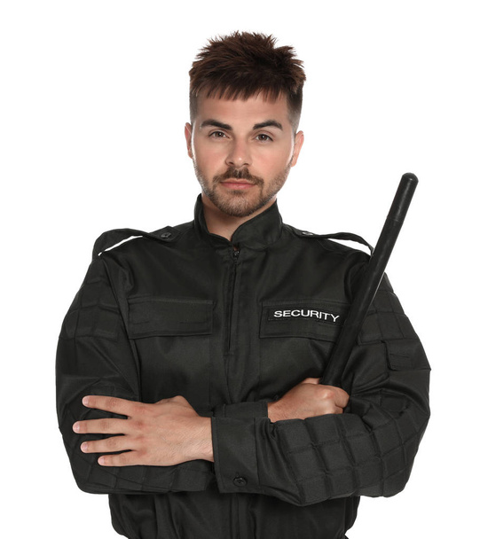 Male security guard in uniform with police baton on white background - Foto, Imagen