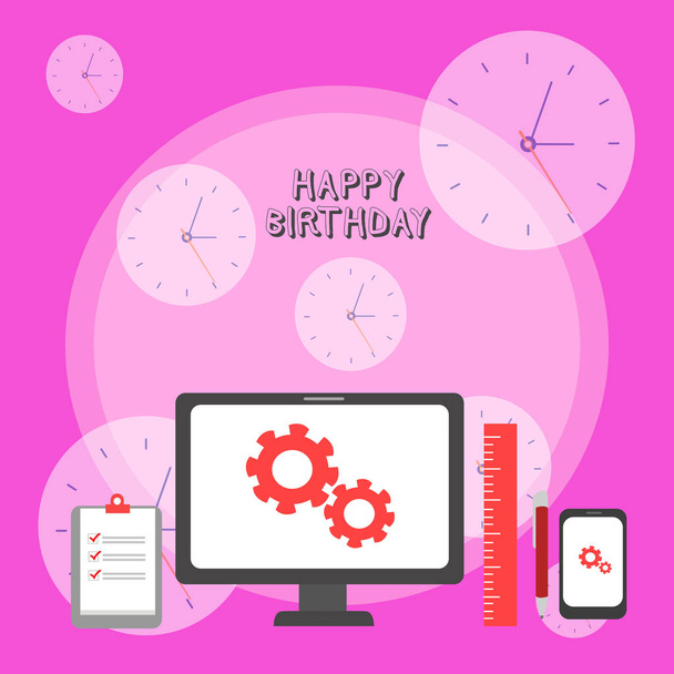 Megjegyzés írása mutatja boldog születésnapot. Üzleti fotó bemutató a születési évfordulója bizonyítja, ünneplik az ajándékok Business Concept PC-monitor Mobile Device vágólap vonalzó BallPoint - Fotó, kép