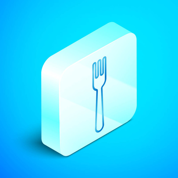 Isometric line Fork icon isolated on blue background. Cutlery symbol. Silver square button. Vector Illustration - Vetor, Imagem