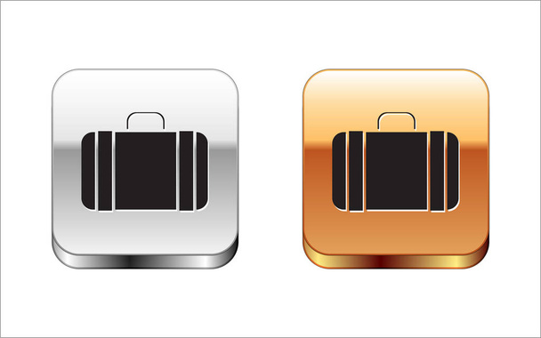 Zwarte koffer voor reisicoon geïsoleerd op witte achtergrond. Reisbagagebord. Reisbagage icoon. Zilverkleurig-gouden vierkante knop. Vector Illustratie - Vector, afbeelding