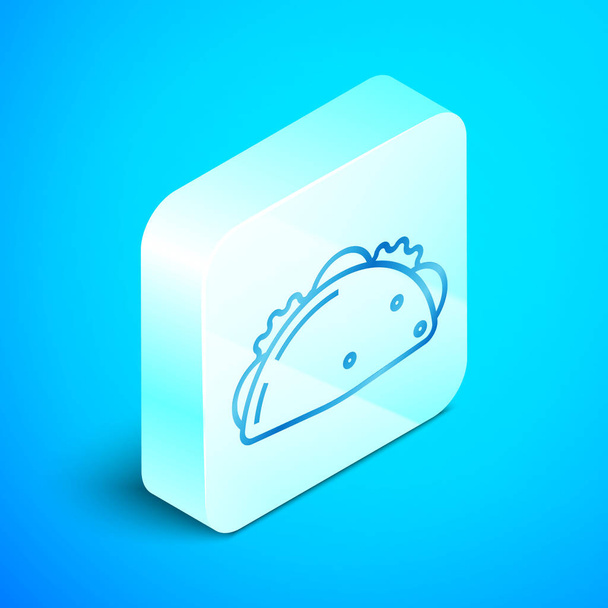 Ligne isométrique Taco avec icône tortilla isolée sur fond bleu. Menu mexicain traditionnel de restauration rapide. Bouton carré argenté. Illustration vectorielle
 - Vecteur, image
