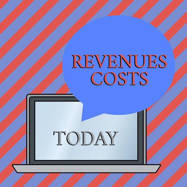 Conceptual hand writing showing Revenues Costs. Business photo showcasing Total amount of money in Manufacturing and Delivery a product Round Shape Speech Bubble Floating Over Laptop Backdrop. - Photo, Image