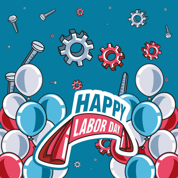 happy labor day label with gears and decoration - Vector, Image