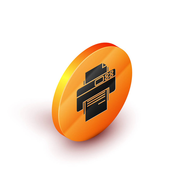 Icono de impresora isométrica aislado sobre fondo blanco. Botón círculo naranja. Ilustración vectorial - Vector, imagen