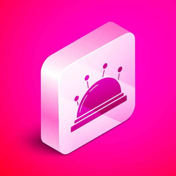 Isometric Needle bed and needles icon isolated on pink background. Handmade and sewing theme. Silver square button. Vector Illustration - Vector, Image
