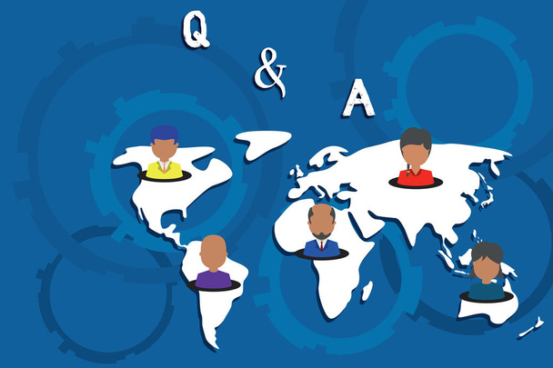 QとA.ビジネス写真を示すメモを書く質問と回答を示すコネクション多民族人全グローバルビジネス地球マップ. - 写真・画像