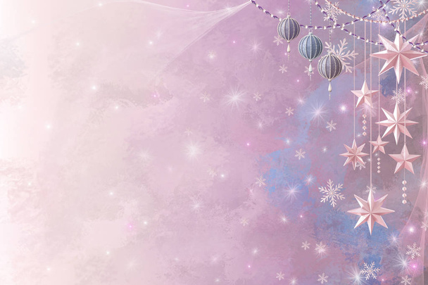 Karácsonyi fényes háttér Szilveszter, ezüst hópehely, labda, fantasztikus homályos felhő és az égbolt gradiens, Soft Focus, csillogó csillogó csillagok, égő fények, álom, rózsaszín pasztell színek 3D renderelés - Fotó, kép