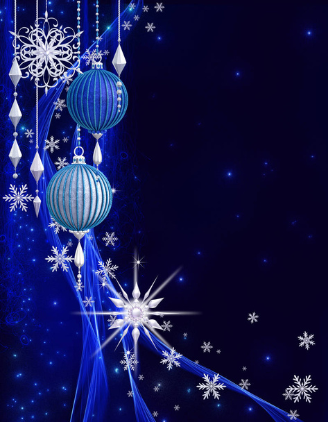 クリスマス輝く背景新年、銀のボール、雪片、幻想的なぼやけた雲と空の勾配、ソフトフォーカス、輝く輝く星、カール、燃えるライト、夢。3D レンダリング - 写真・画像