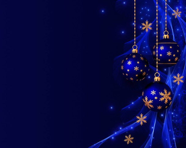 Weihnachten glänzenden Hintergrund Neujahr, goldene Schneeflocke, fantastische verschwommene Wolke und Himmelsverlauf, weicher Fokus, glitzernde funkelnde Sterne, Locken, brennende Lichter, Traum. 3D-Darstellung - Foto, Bild