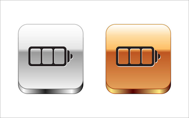 Czarna ikona wskaźnika poziomu naładowania akumulatora na białym tle. Srebrny-Złoty kwadrat przycisk. Ilustracja wektorowa - Wektor, obraz
