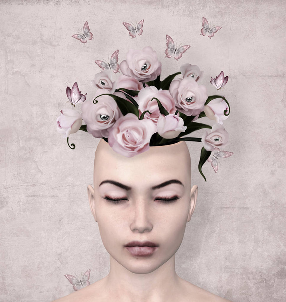 彼女の頭の上にピンクの超現実的なバラを持つファンタジー女性のヴィンテージ肖像画 - 写真・画像