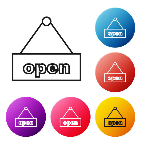 Black line Hanging sign with text Open door icon isolated on white background. Set icons colorful circle buttons. Vector Illustration - Vector, Image