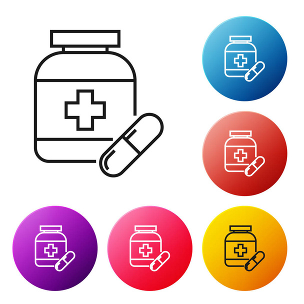 Μαύρη γραμμή ιατρική μπουκάλι και χάπια εικονίδιο απομονωθεί σε λευκό φόντο. Πινακίδα με χάπι φιάλης. Σχέδιο φαρμακευτικής. Ορίστε εικονίδια πολύχρωμα κουμπιά Circle. Απεικόνιση διανυσματικών φορέων - Διάνυσμα, εικόνα