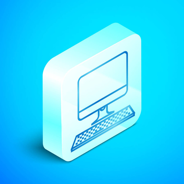 Isometric line Computer monitor with keyboard icon isolated on blue background. PC component sign. Silver square button. Vector Illustration - Vector, Image