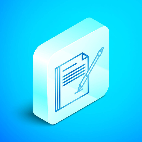 アイソメライン空白のノートブックとペンアイコンは、青い背景に分離されています。紙とペンシルバーの正方形のボタン。ベクトルイラストレーション - ベクター画像