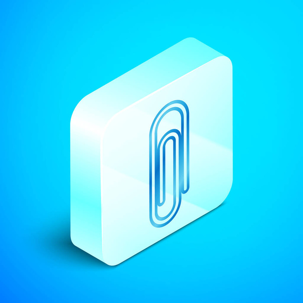 Isometrische lijn paperclip pictogram geïsoleerd op blauwe achtergrond. Zilveren vierkante knop. Vector illustratie - Vector, afbeelding